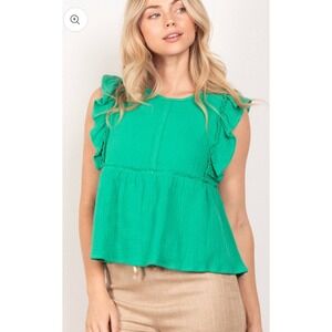 New In Green Ruffle Sleeve Textured Gauze Babydoll Tunic Top Women's Small